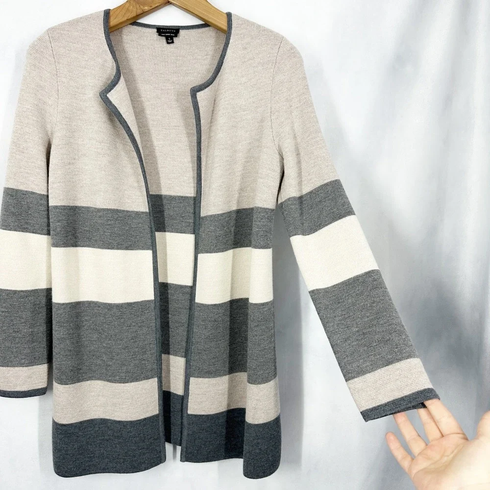 Talbots‎ 100% Merino Wool Neutral Stripe Open Front Cardigan Swearer Size Small
